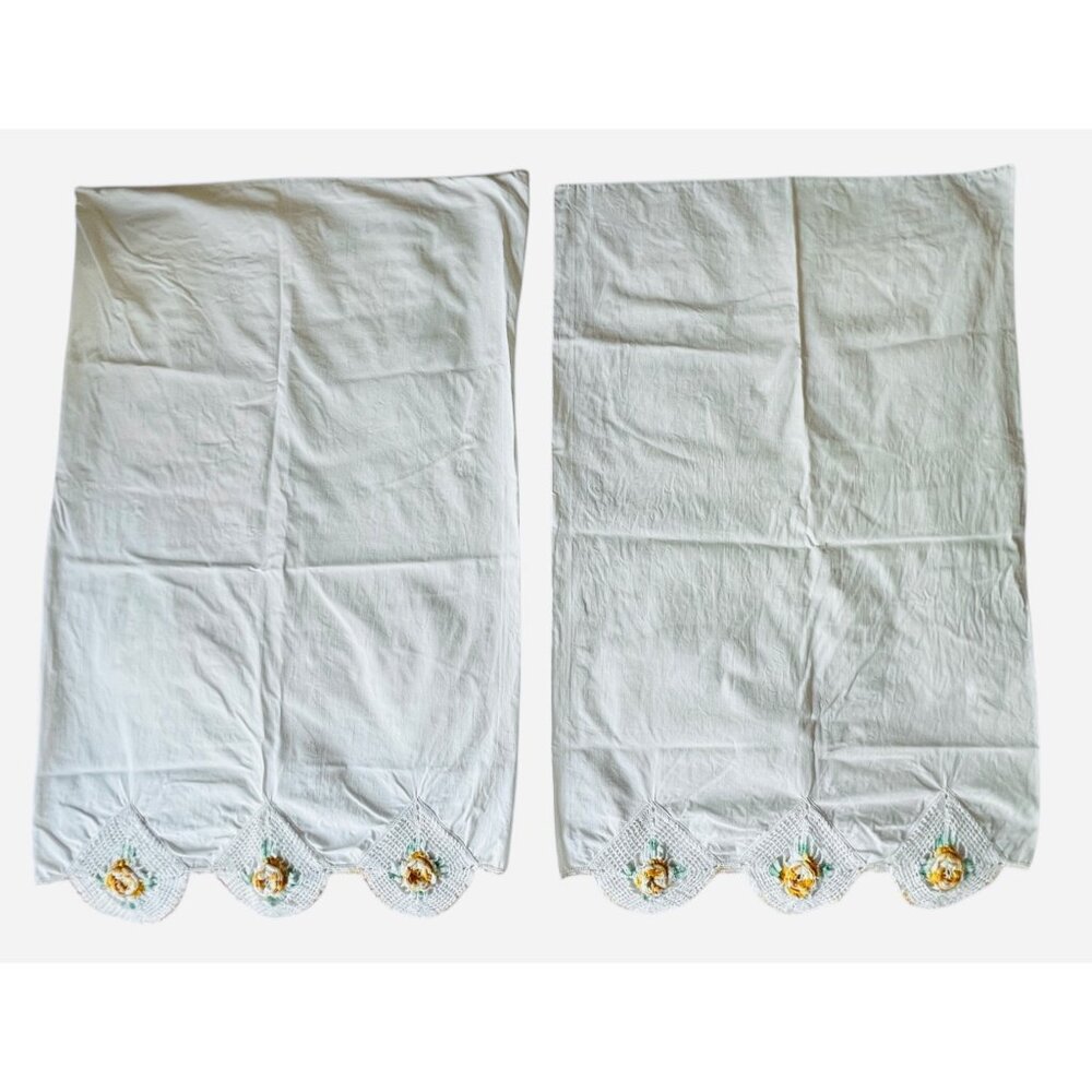White Pillowcases Crocheted Diamond w/ Gold Rose Trim 30"x20.75" Cotton VTG